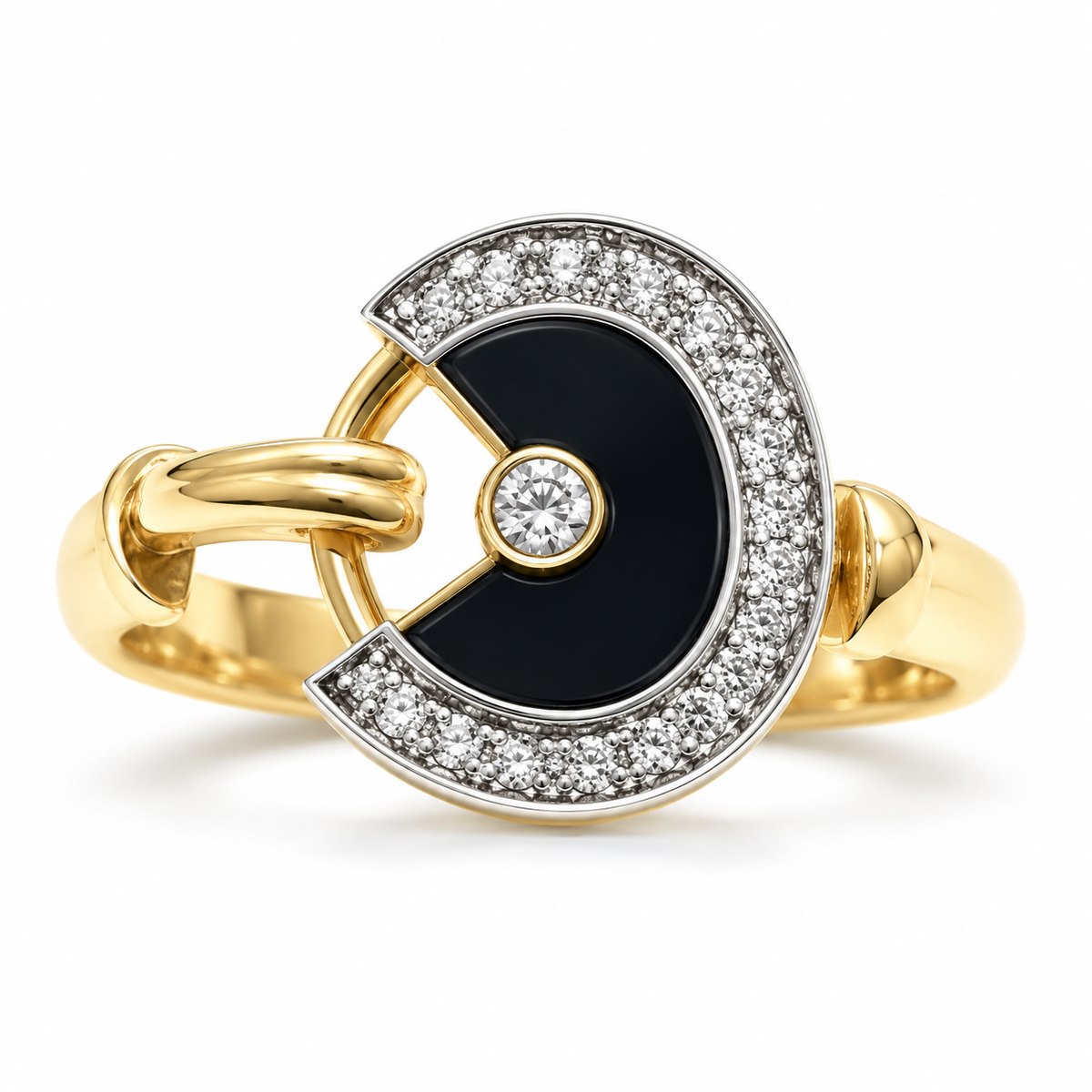 Anillo de oro amarillo 10K con ónix negro y piedras blancas, producto 6460