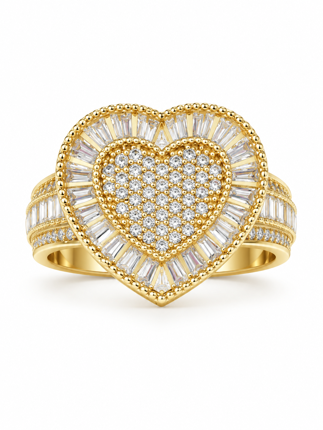 Anillo Corazón Grande con Diseño Baguette en Oro Amarillo 14K – Talla 7
